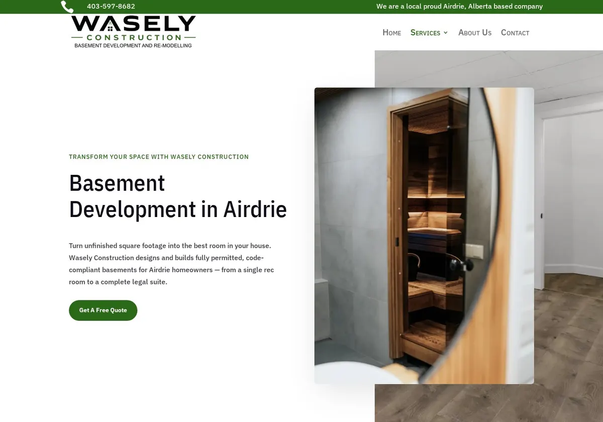 Wasely Construction Airdrie basement development page, website designed by Ravalak Web Solutions
