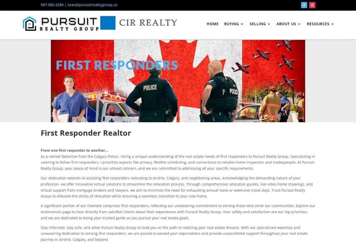 Pursuit Realty Group Airdrie first responder realtor page, website designed by Ravalak