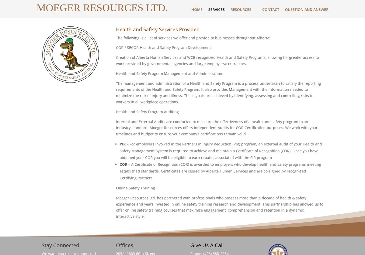 Moeger Resources services page, Airdrie safety consulting website design