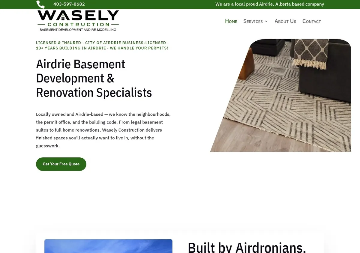 Wasely Construction Airdrie basement renovation website designed by Ravalak Web Solutions
