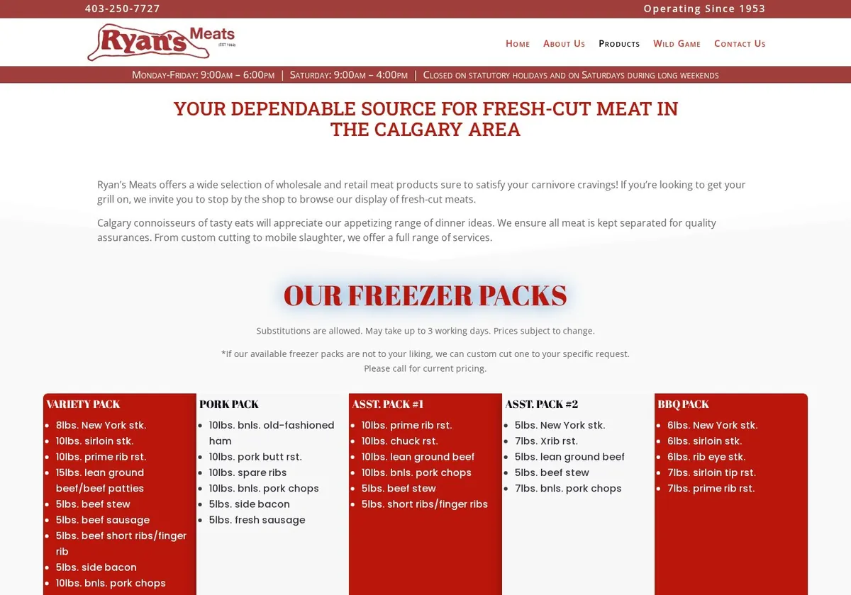 Ryan's Meats products page, Calgary butcher shop website design