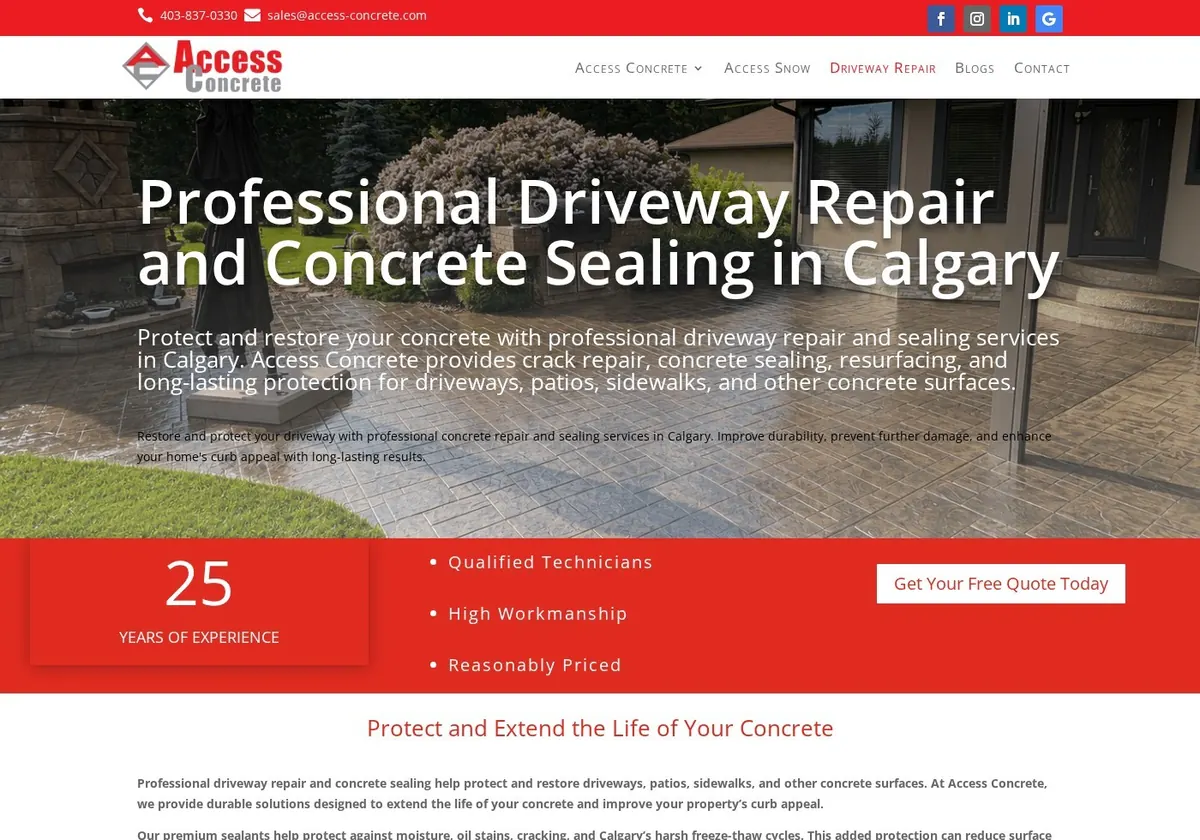 Access Concrete sealing page, Calgary contractor website design