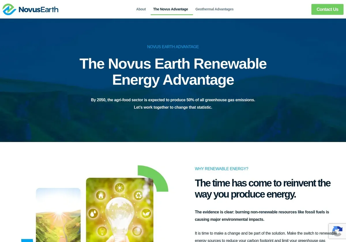 Novus Earth renewable energy page, Calgary website design