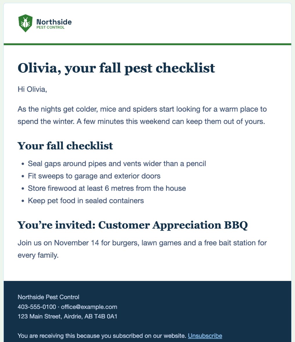 A newsletter as subscribers see it, with your logo, colours and mailing address.