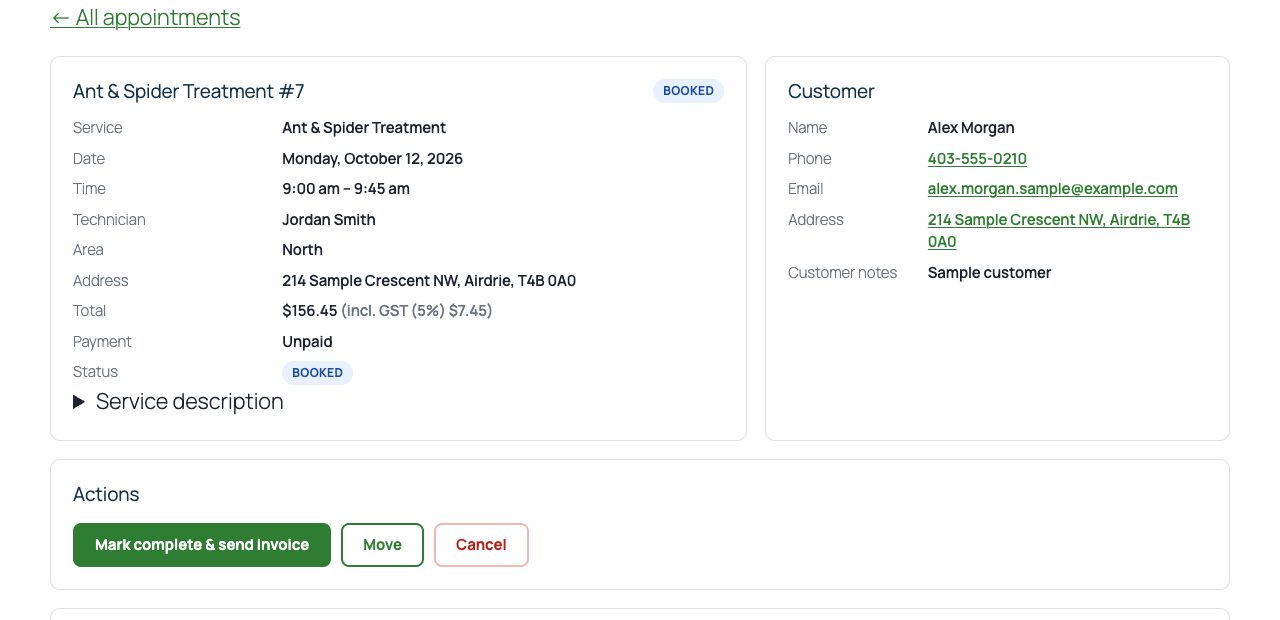 What a technician sees in the staff portal: the job, the customer and the actions.
