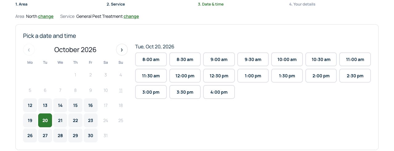 Customers pick a highlighted day and a start time when a technician is free.