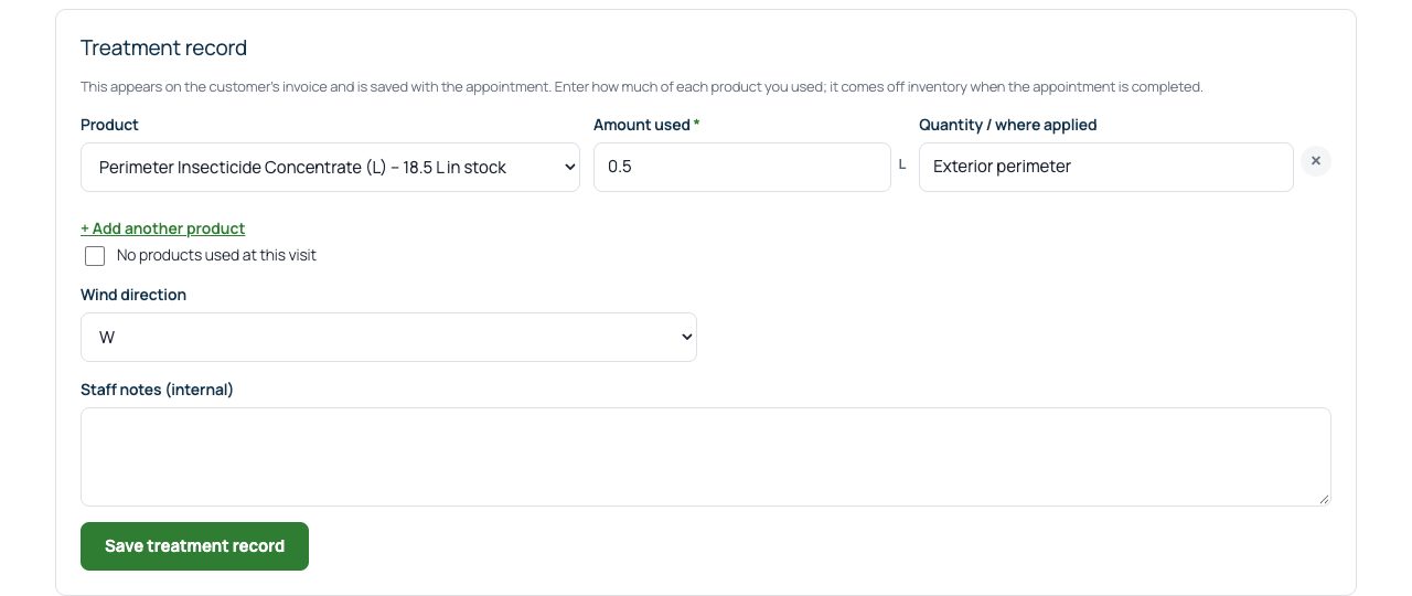 Recording products used on a job in the staff portal.